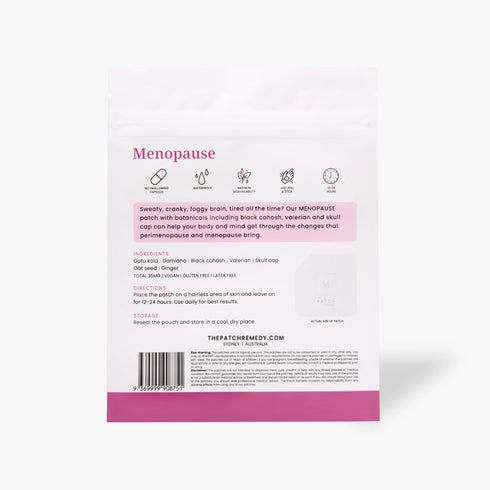 Image of the back of the packaging of The Patch Remedy Menopause 30pk
